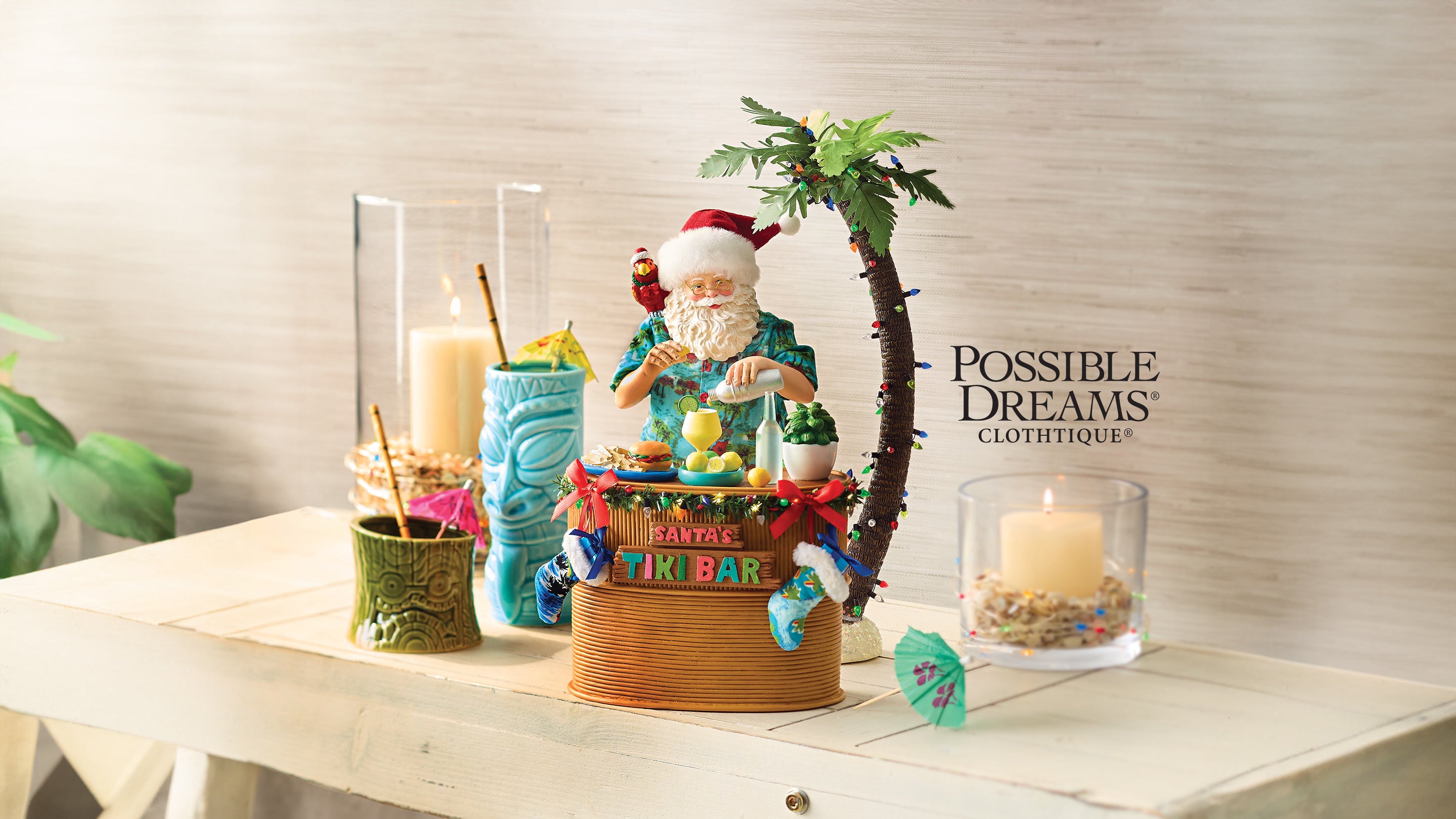 Department 56 Possible Dreams Clothtique By the Sea Santa Tiki Bar display